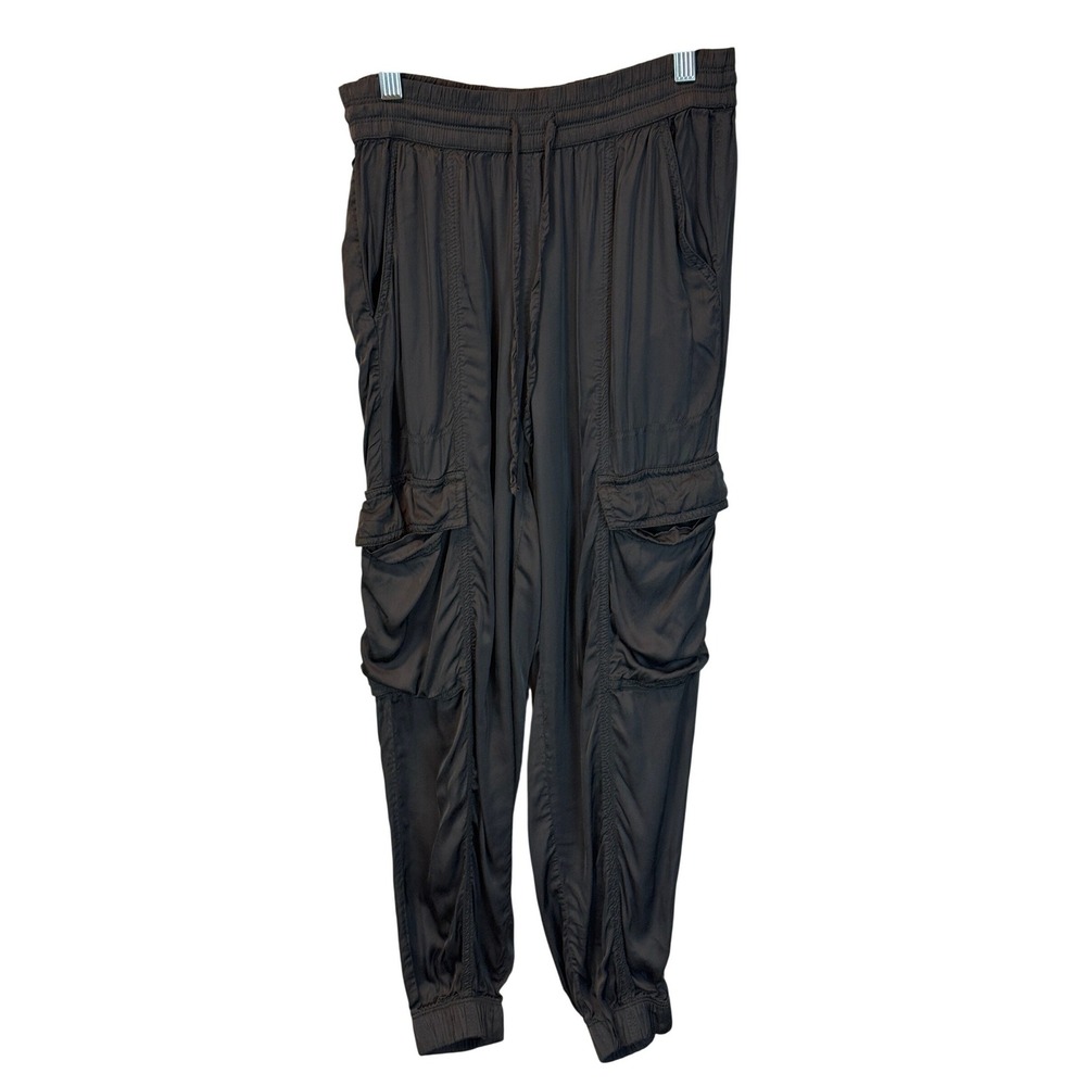 Aerie Dark Charcoal Gray Silky Satin Cargo Jogger Pants Elastic Waist size XS‎